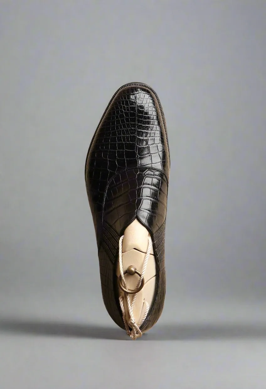 Black Alligator Leather Midara Slip On Elasticated Loafers With Brogue - Formal Shoes