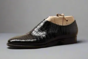 Black Alligator Leather Midara Slip On Elasticated Loafers With Brogue - Formal Shoes
