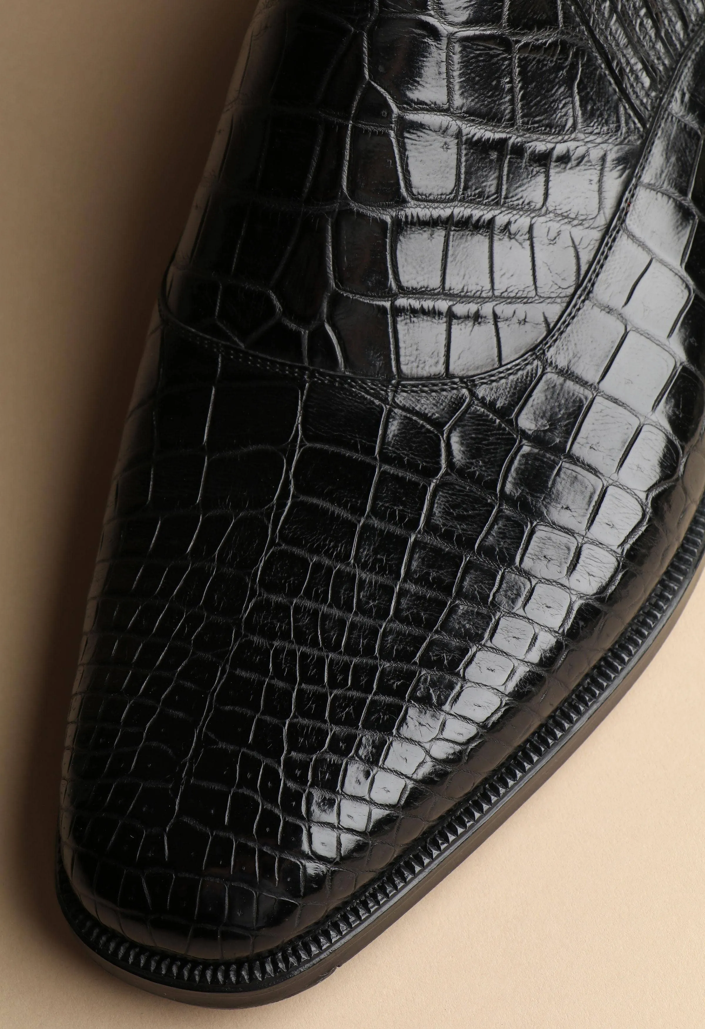 Black Alligator Leather Midara Slip On Elasticated Loafers With Brogue - Formal Shoes