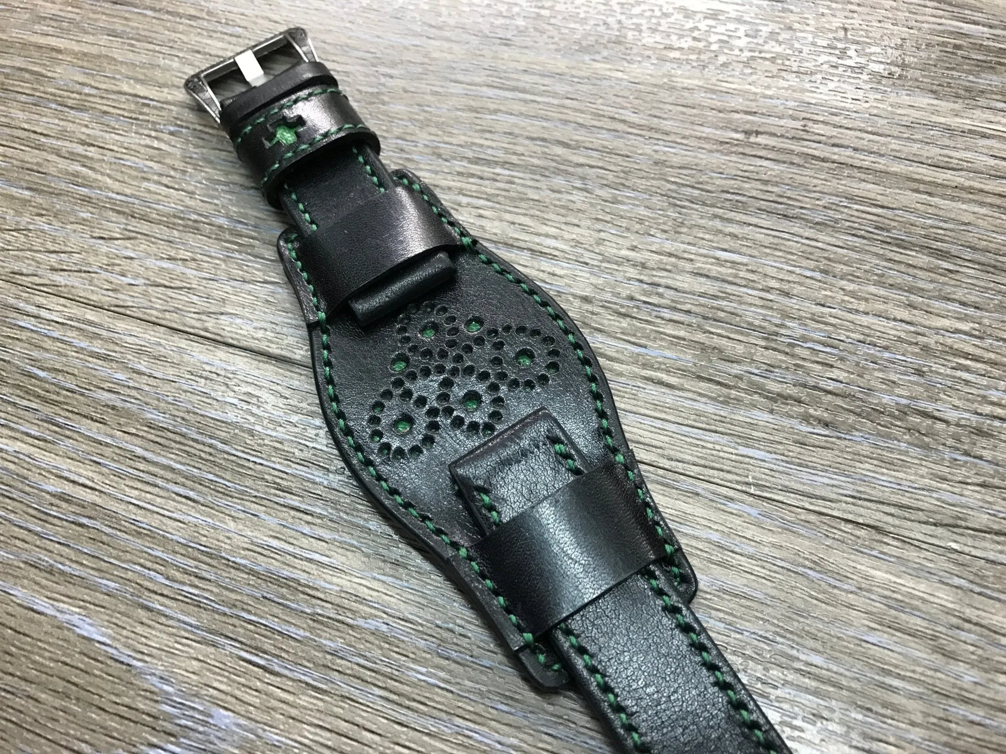 Black full bund strap, Handmade, Leather Cuff watch band, brogue pattern watch strap, 20mm, Bespoke, leather watch band, Free shipping