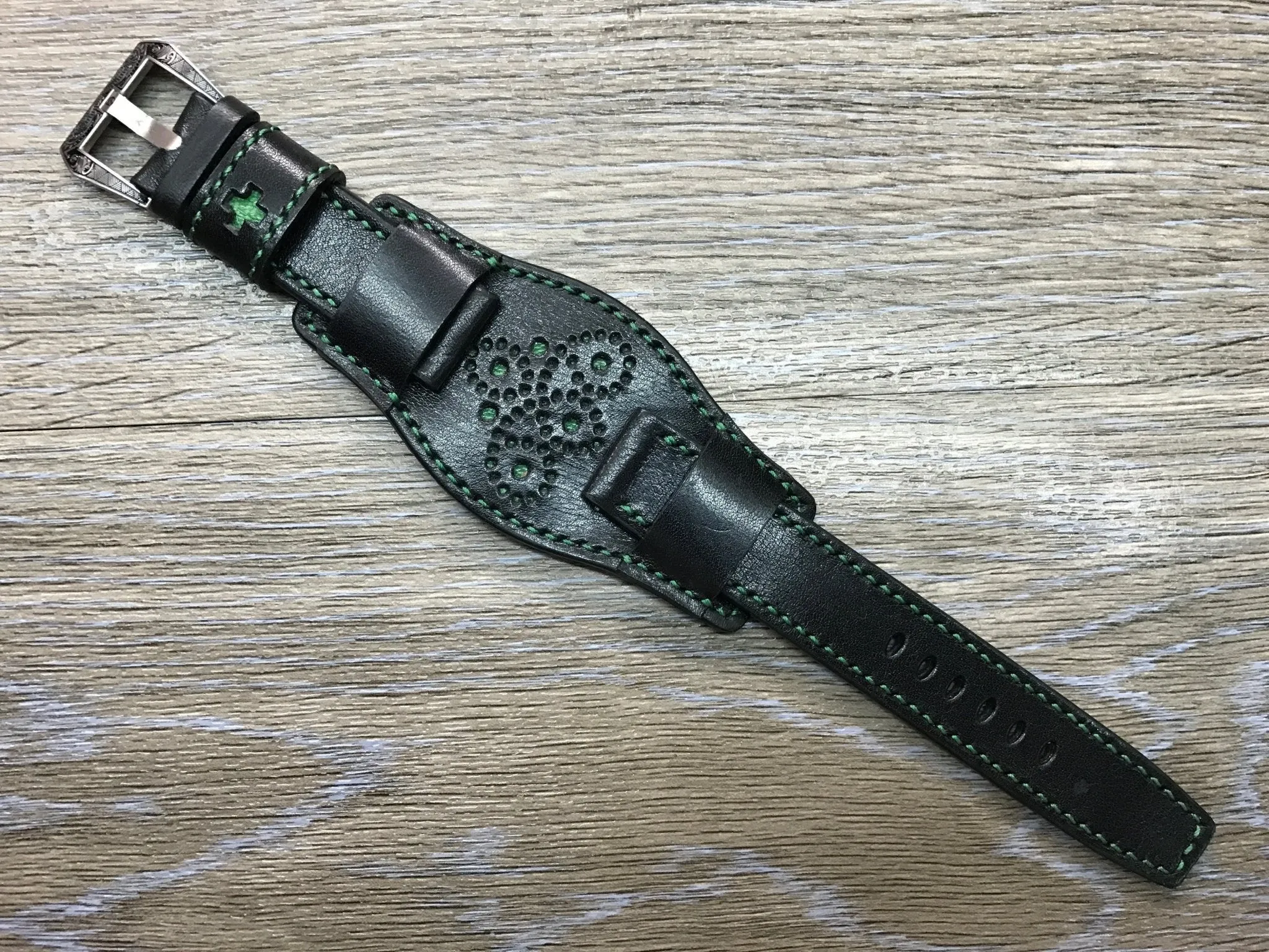 Black full bund strap, Handmade, Leather Cuff watch band, brogue pattern watch strap, 20mm, Bespoke, leather watch band, Free shipping