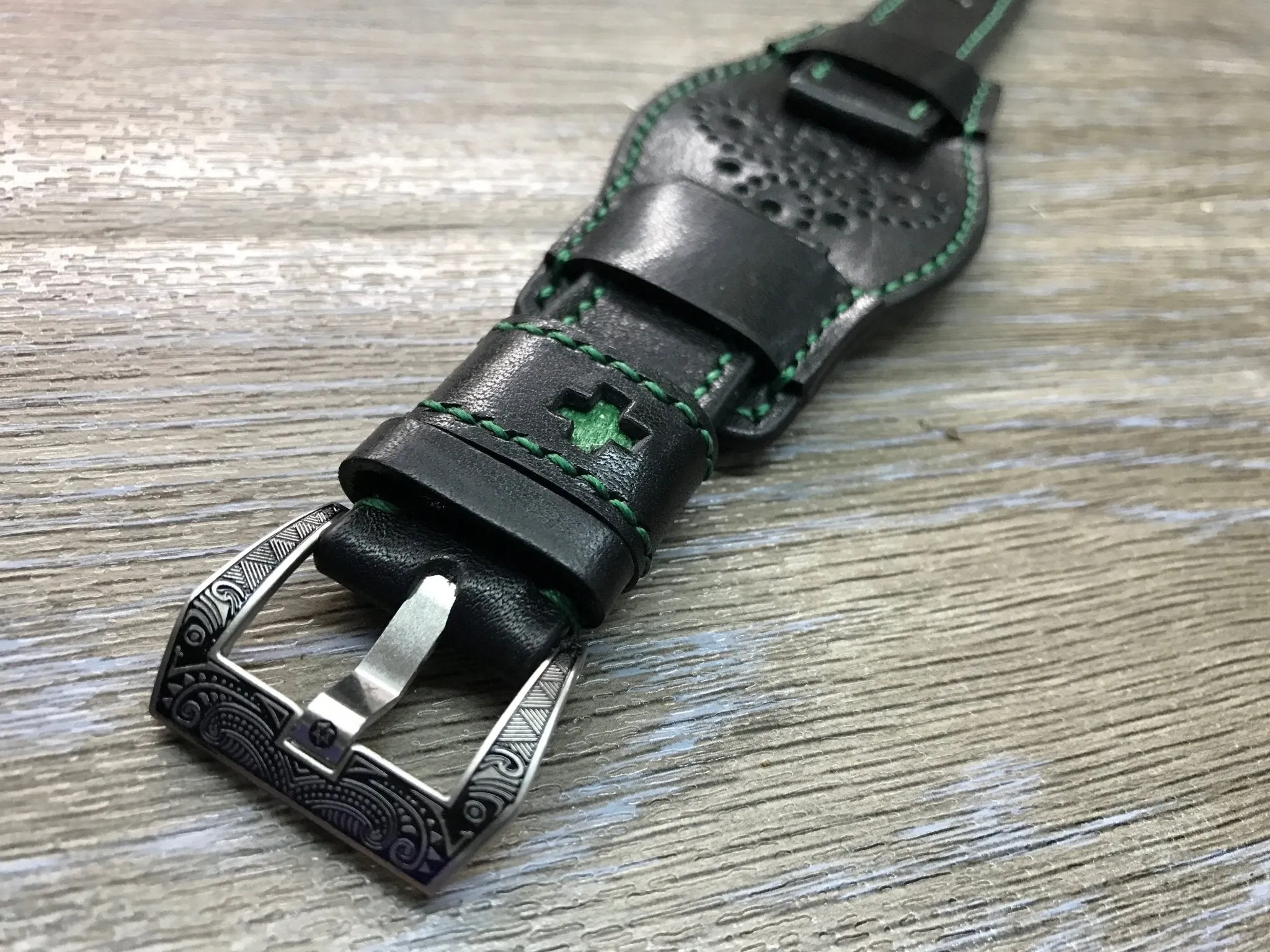 Black full bund strap, Handmade, Leather Cuff watch band, brogue pattern watch strap, 20mm, Bespoke, leather watch band, Free shipping