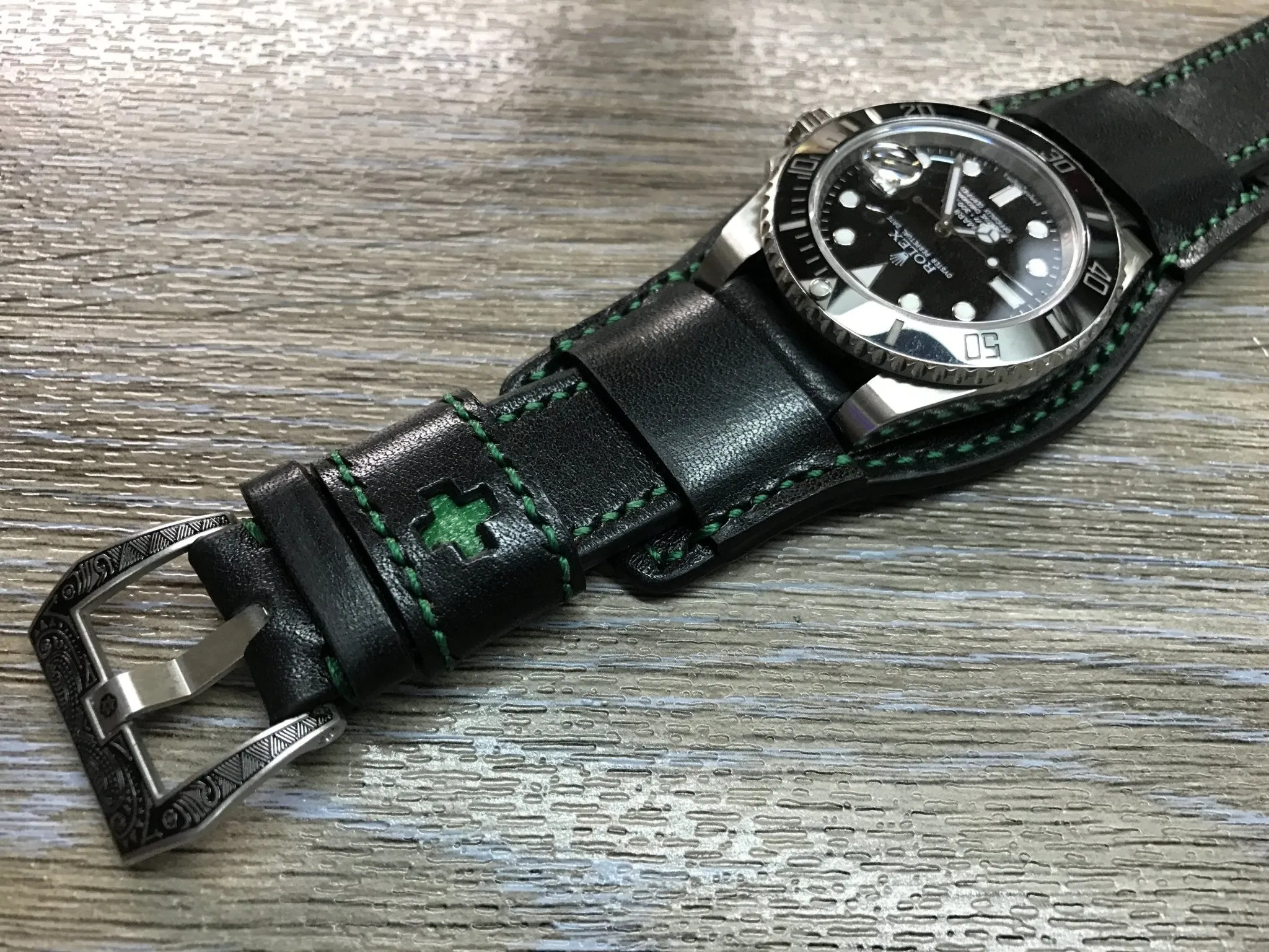 Black full bund strap, Handmade, Leather Cuff watch band, brogue pattern watch strap, 20mm, Bespoke, leather watch band, Free shipping