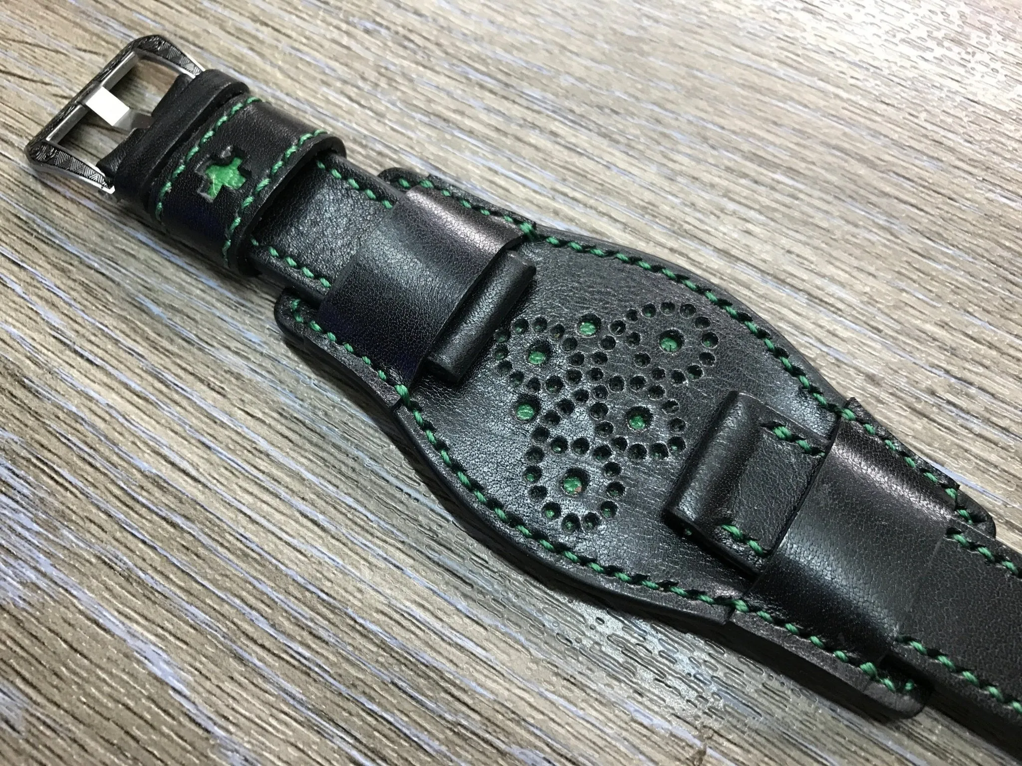 Black full bund strap, Handmade, Leather Cuff watch band, brogue pattern watch strap, 20mm, Bespoke, leather watch band, Free shipping