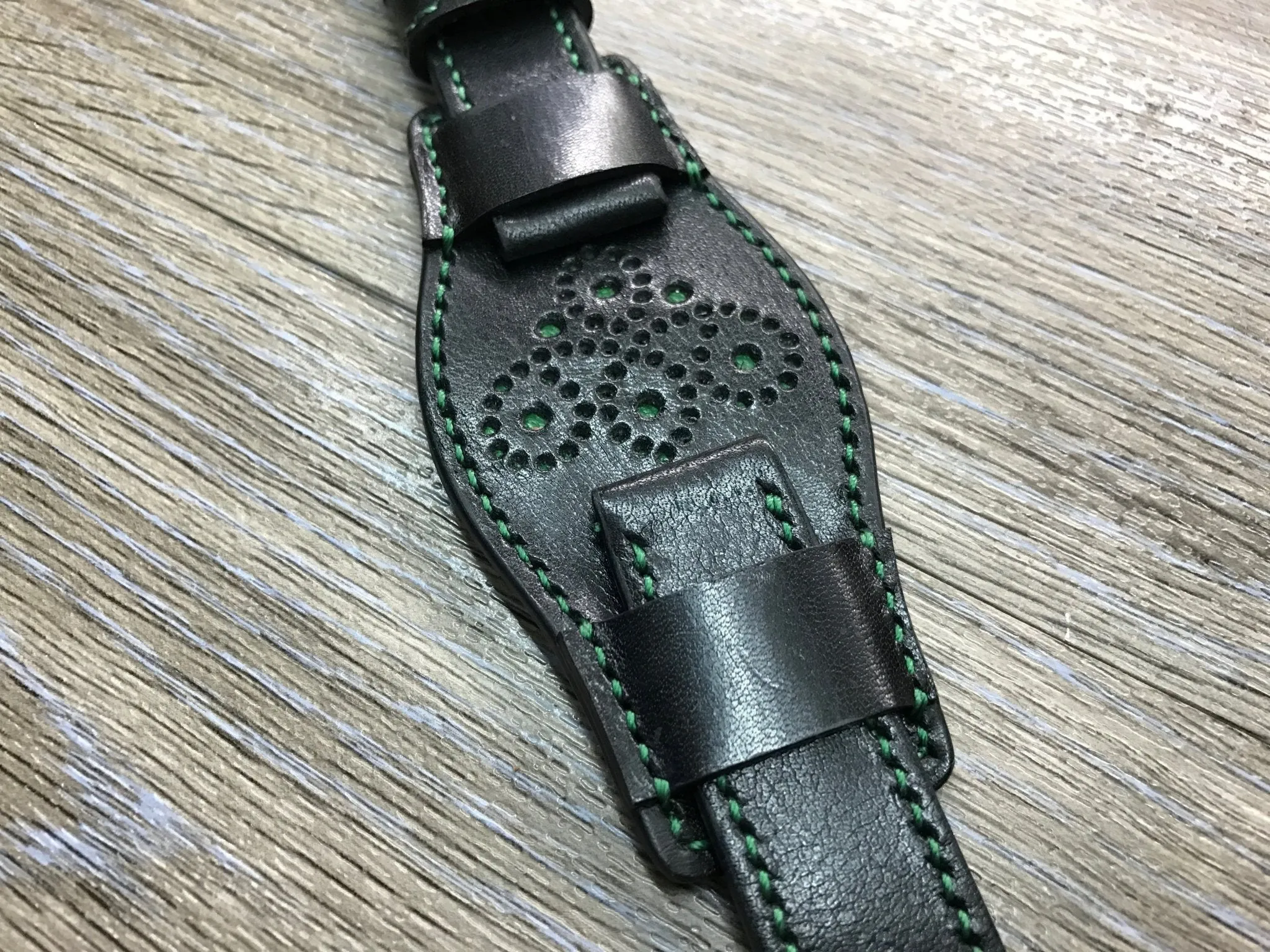 Black full bund strap, Handmade, Leather Cuff watch band, brogue pattern watch strap, 20mm, Bespoke, leather watch band, Free shipping