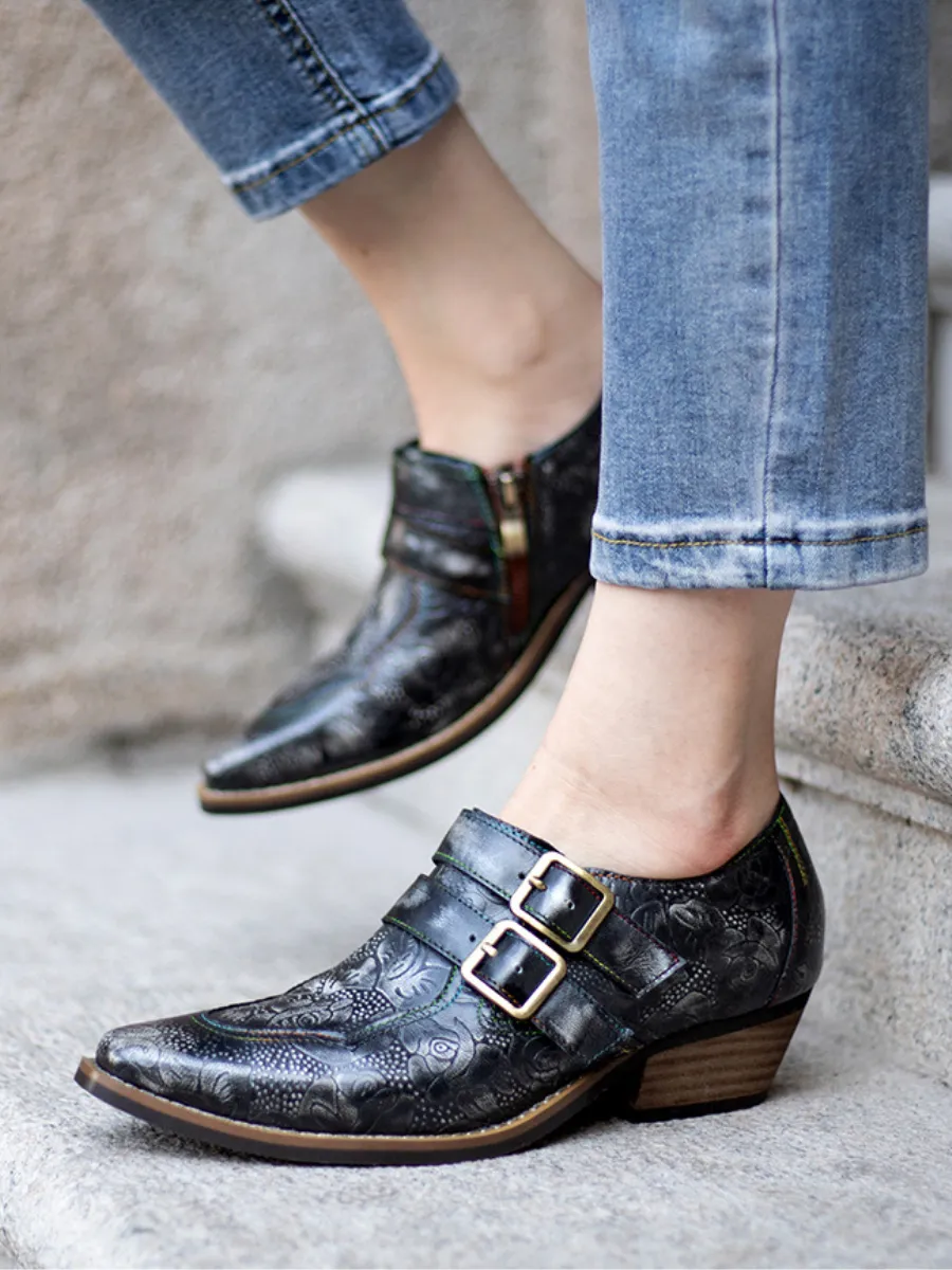 Black Grey Floral Embossed Leather Monk