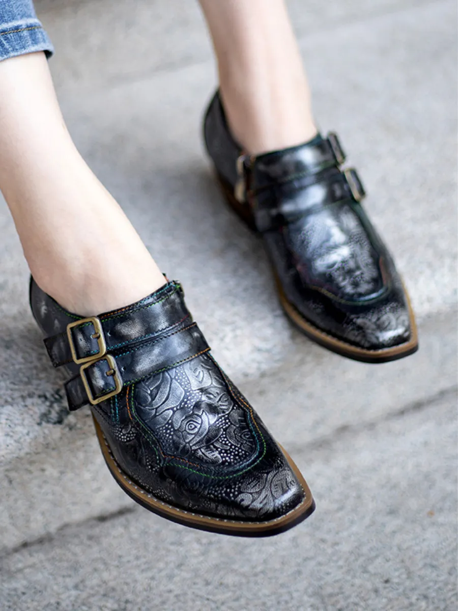Black Grey Floral Embossed Leather Monk