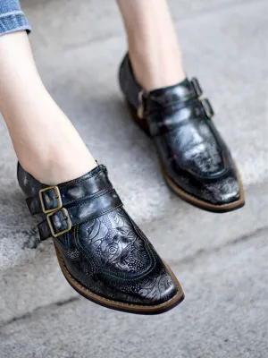 Black Grey Floral Embossed Leather Monk