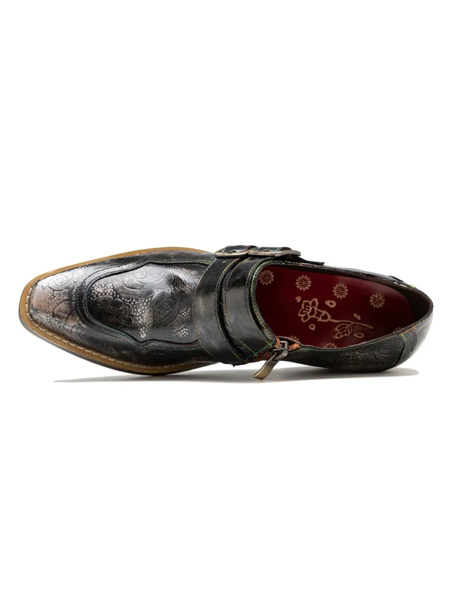 Black Grey Floral Embossed Leather Monk