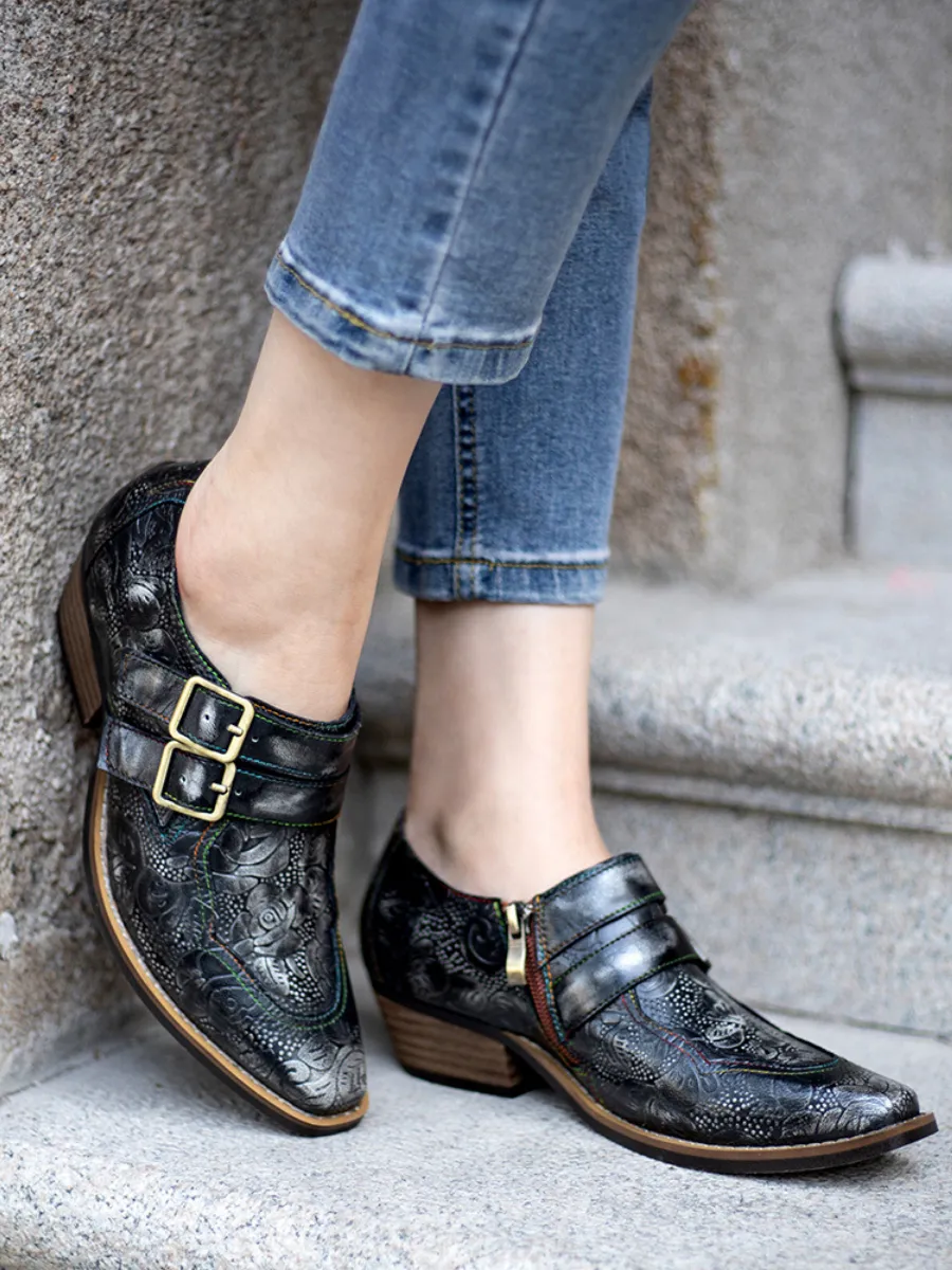 Black Grey Floral Embossed Leather Monk