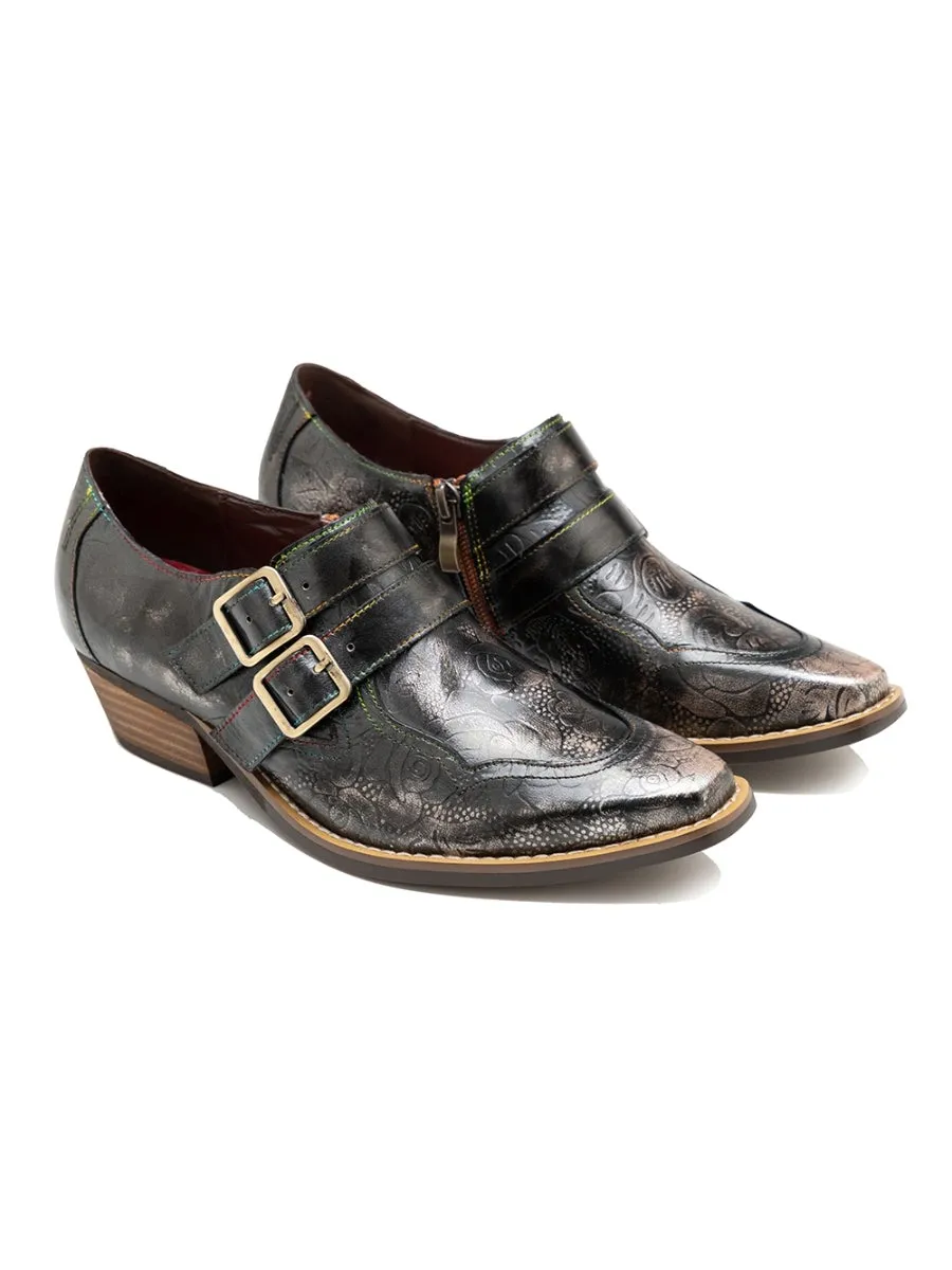 Black Grey Floral Embossed Leather Monk