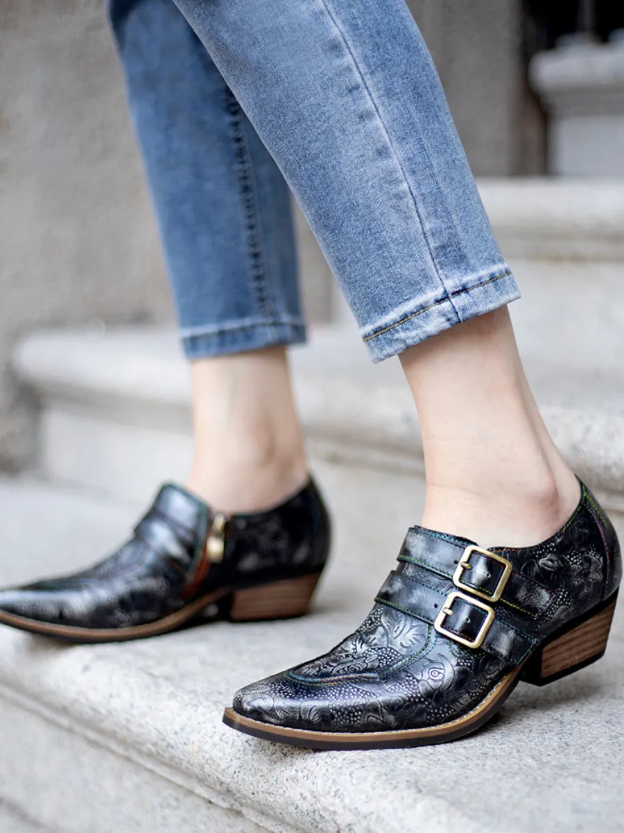 Black Grey Floral Embossed Leather Monk