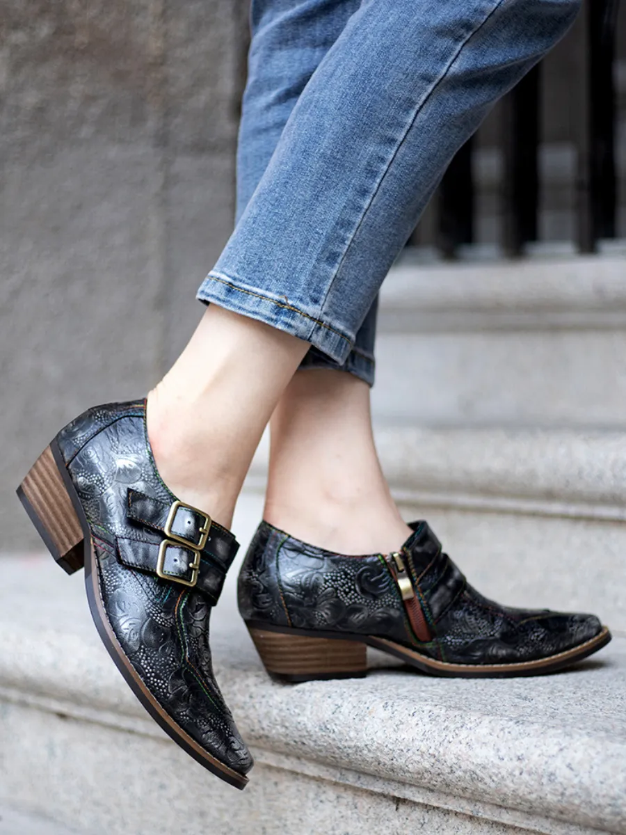 Black Grey Floral Embossed Leather Monk