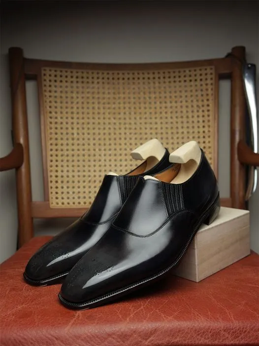 Black Leather Midara Slip On Elasticated Loafers With Brogue - Formal Shoes