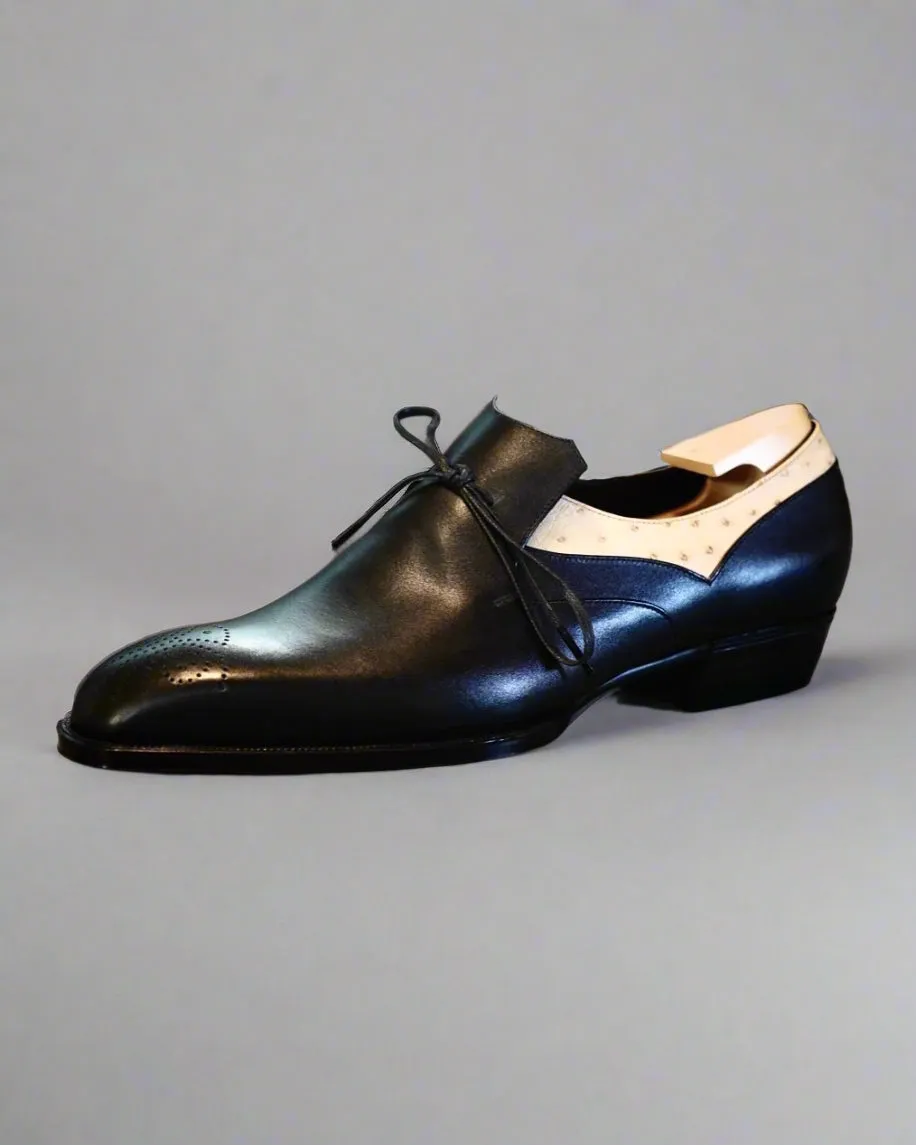 Black Leather Midara Slip On  Loafers With Brogue And Ostriched Leather - Formal Shoes