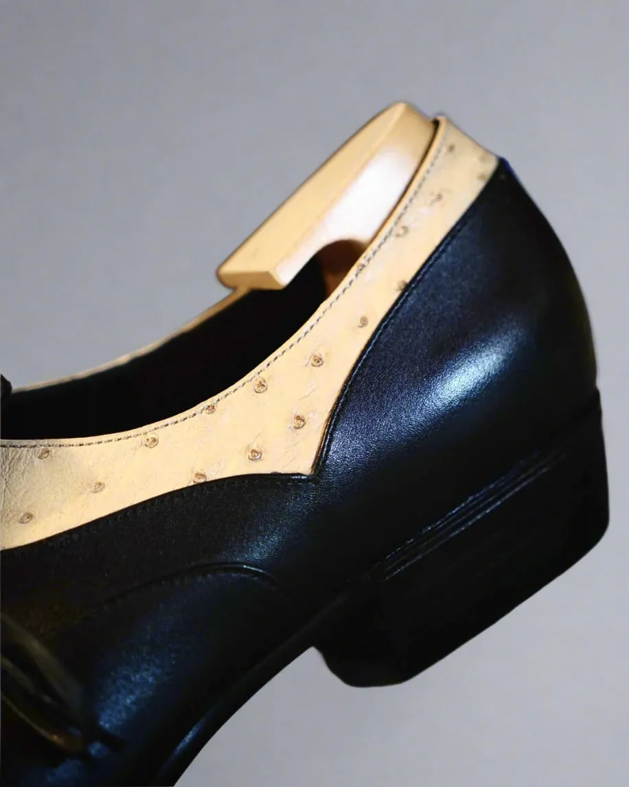 Black Leather Midara Slip On  Loafers With Brogue And Ostriched Leather - Formal Shoes