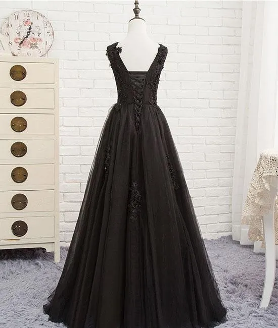 Black Round Neck Tulle Lace Long Prom Dress