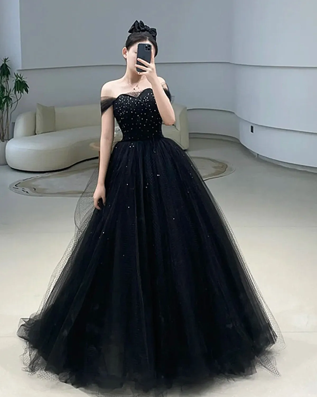 Black Sweetheart Beaded Off Shoulder Party Dress, Black Tulle Prom Dress Party Dress