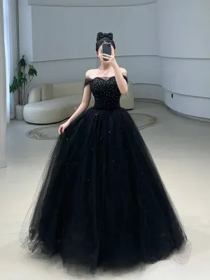 Black Sweetheart Beaded Off Shoulder Party Dress, Black Tulle Prom Dress Party Dress