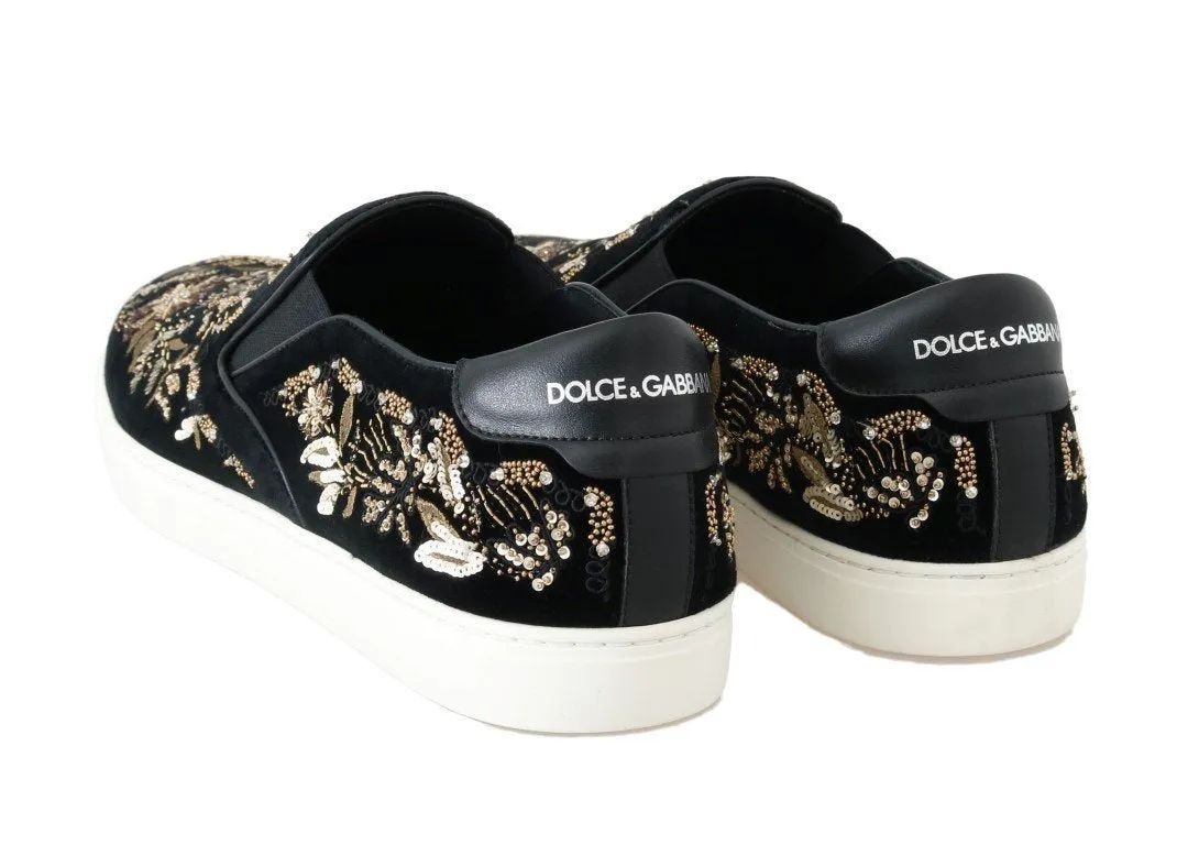 Black Velvet Gold Sequined Loafers