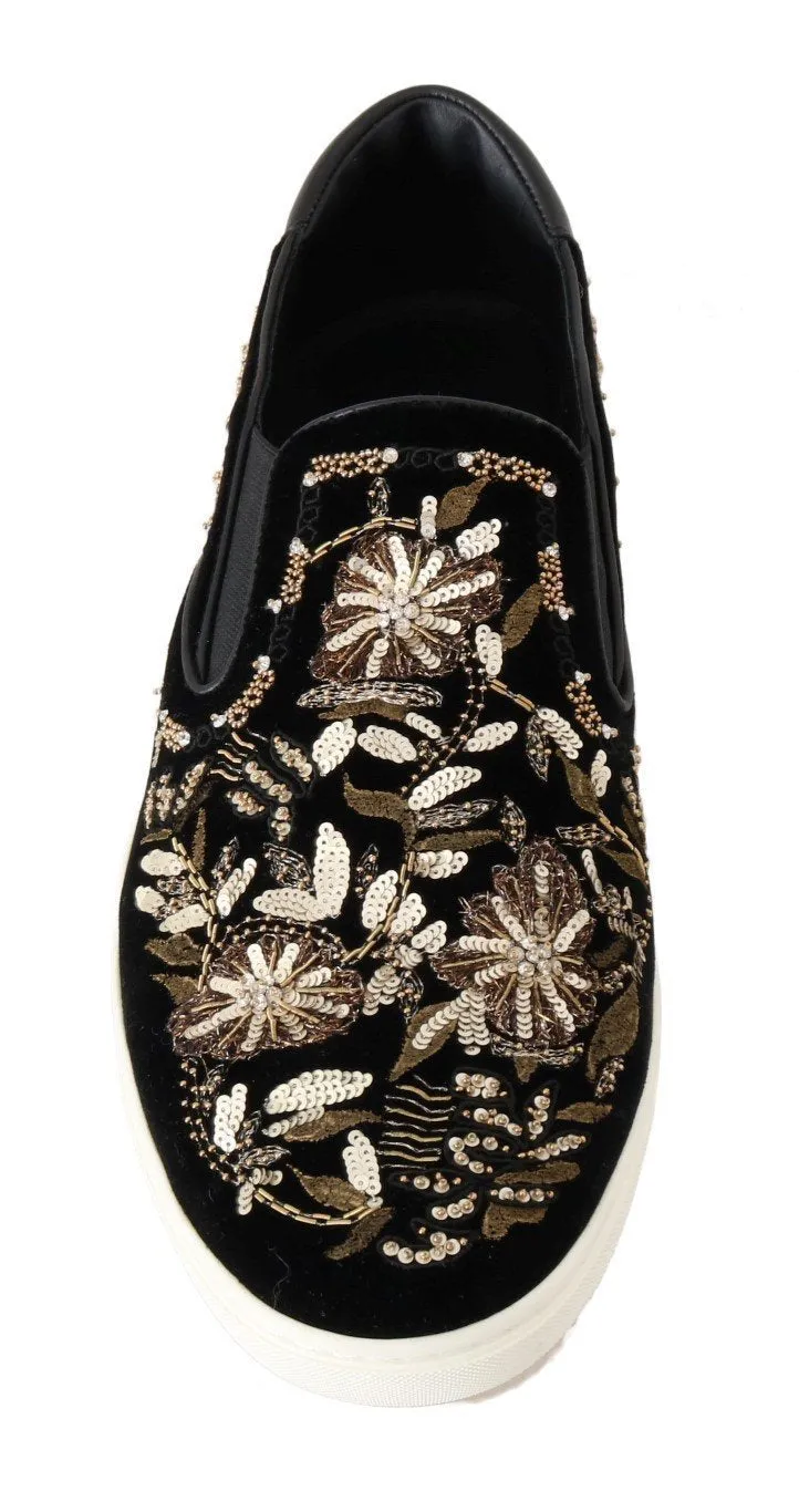 Black Velvet Gold Sequined Loafers