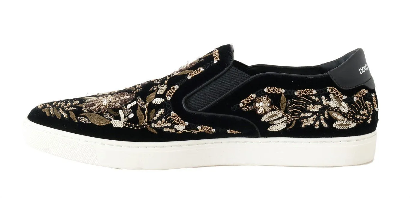 Black Velvet Gold Sequined Loafers