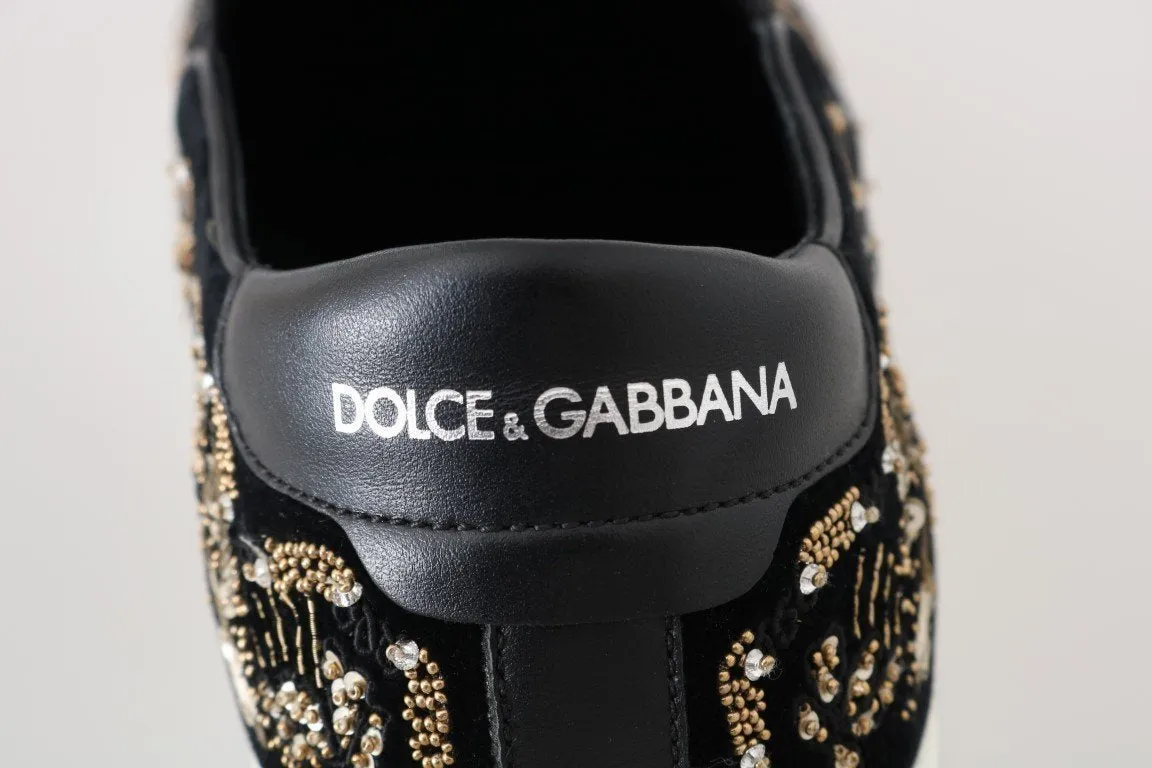 Black Velvet Gold Sequined Loafers