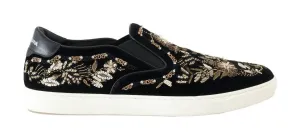 Black Velvet Gold Sequined Loafers