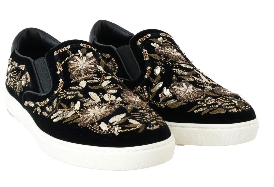 Black Velvet Gold Sequined Loafers