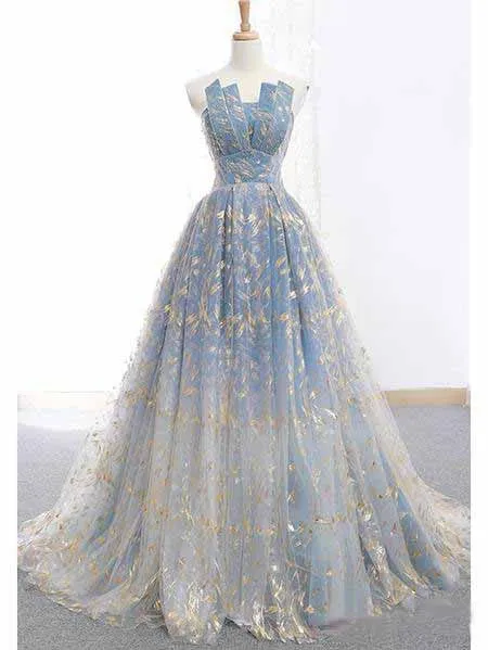 Blue and Gold Lace Ball Gown Prom Dress, Sweet 16 Princess Quinceanera Dress OKH63