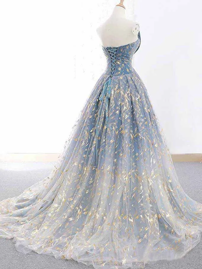 Blue and Gold Lace Ball Gown Prom Dress, Sweet 16 Princess Quinceanera Dress OKH63