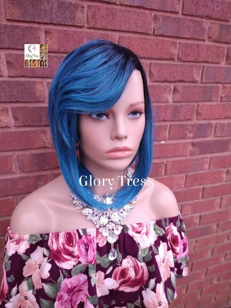 Blue Bob Wig - Ombre Turquoise Bob Wig - Yaki Straight Bob Full Wig - Lace Parting - Ready To Ship// TREASURE