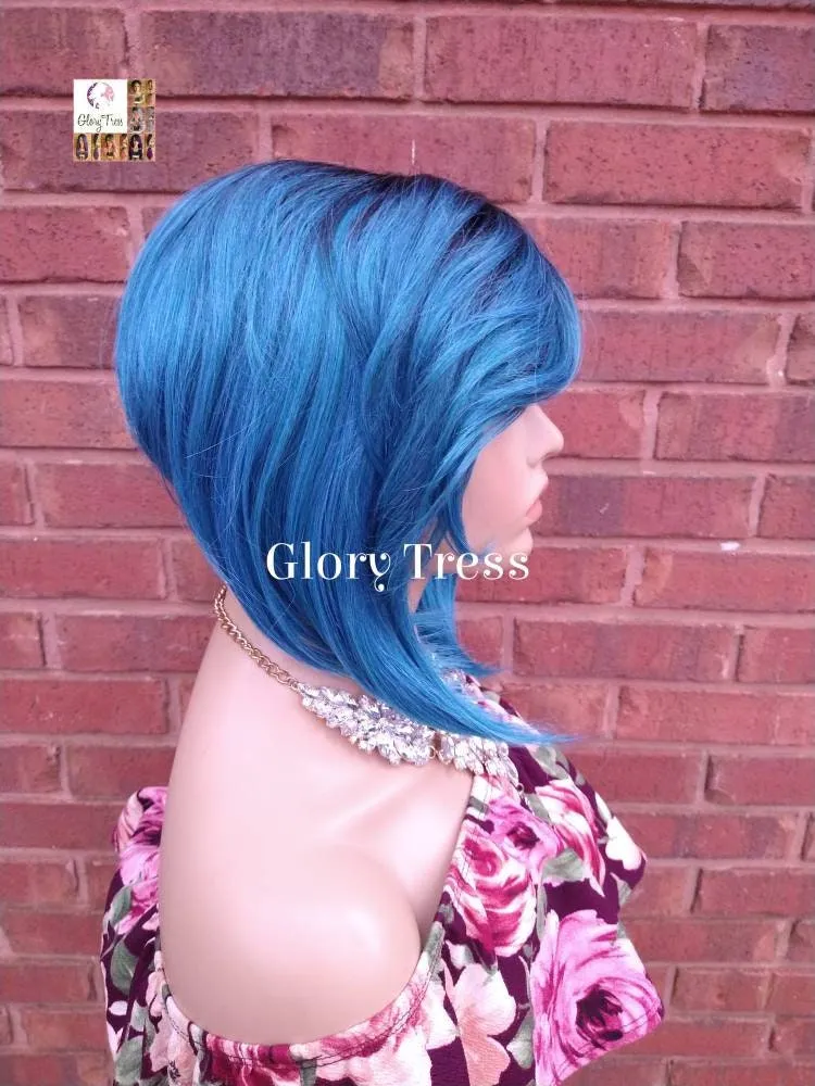Blue Bob Wig - Ombre Turquoise Bob Wig - Yaki Straight Bob Full Wig - Lace Parting - Ready To Ship// TREASURE