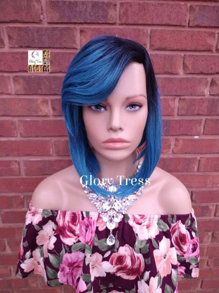 Blue Bob Wig - Ombre Turquoise Bob Wig - Yaki Straight Bob Full Wig - Lace Parting - Ready To Ship// TREASURE