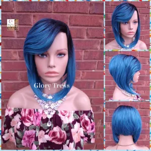 Blue Bob Wig - Ombre Turquoise Bob Wig - Yaki Straight Bob Full Wig - Lace Parting - Ready To Ship// TREASURE