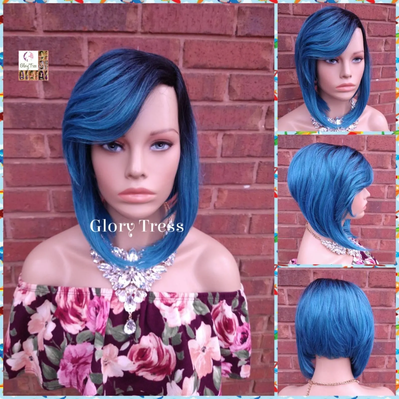 Blue Bob Wig - Ombre Turquoise Bob Wig - Yaki Straight Bob Full Wig - Lace Parting - Ready To Ship// TREASURE