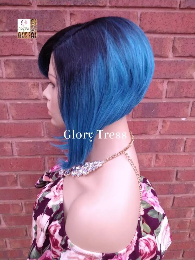 Blue Bob Wig - Ombre Turquoise Bob Wig - Yaki Straight Bob Full Wig - Lace Parting - Ready To Ship// TREASURE