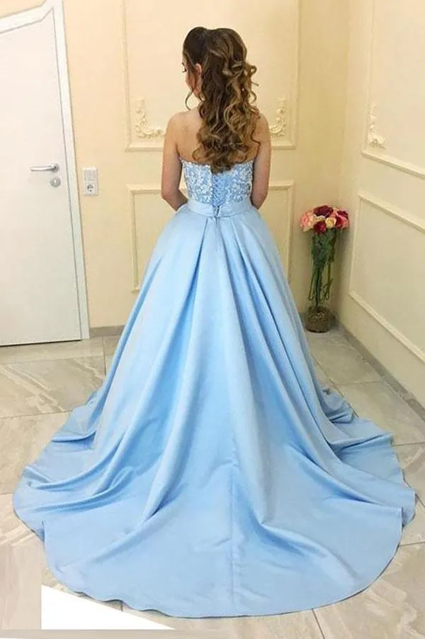 Blue Satin A-line Princess Sweetheart Neck Strapless Long Prom Dresses PG511