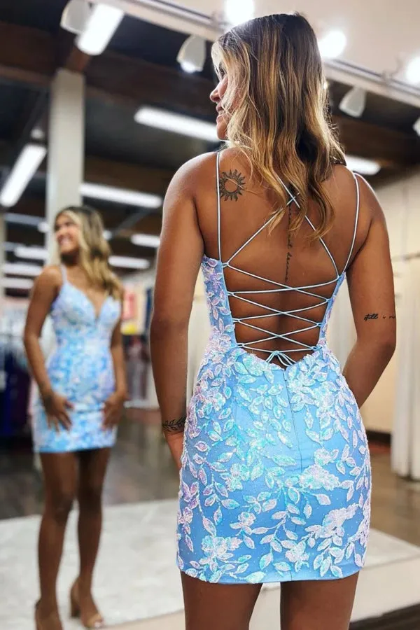 Bodycon Spaghetti Straps Party Dress Homecoming Dresses With Aqqliques HD0196