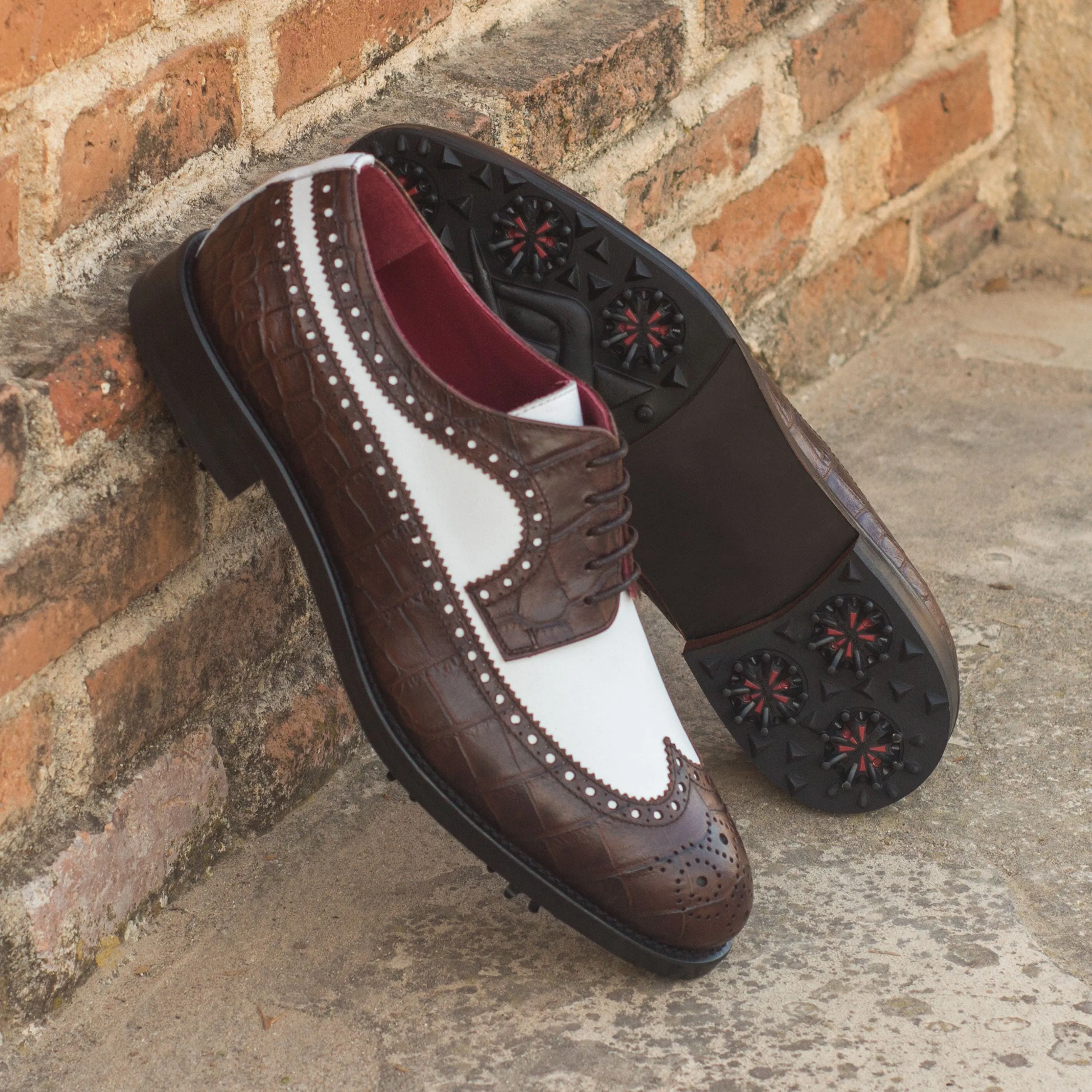 Brown Croco & White Calf Leather Brogue Golf Shoes