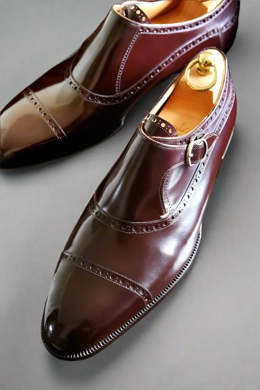 Burgundy Leather Caranavi Brogue Wingtip Toe Cap Monk Strap Shoes - Dress Shoes