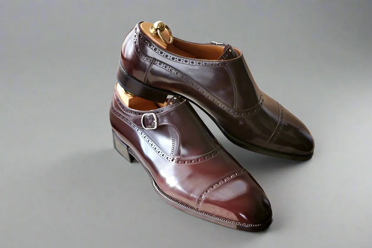 Burgundy Leather Caranavi Brogue Wingtip Toe Cap Monk Strap Shoes - Dress Shoes