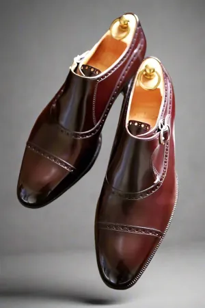 Burgundy Leather Caranavi Brogue Wingtip Toe Cap Monk Strap Shoes - Dress Shoes