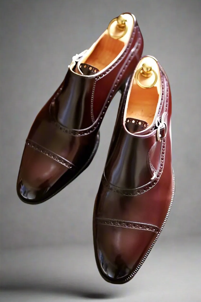 Burgundy Leather Caranavi Brogue Wingtip Toe Cap Monk Strap Shoes - Dress Shoes