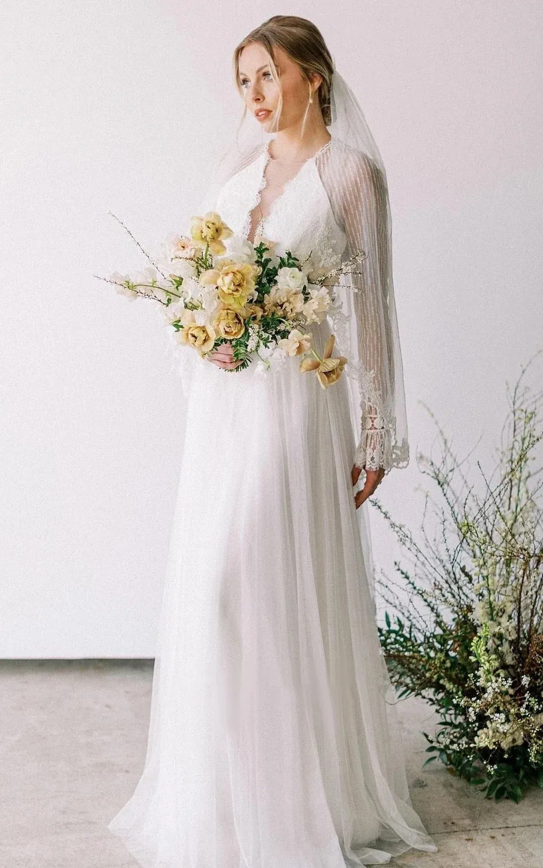 Casual A-Line Bateau Lace Tulle Wedding Dress With Long Sleeve And Sash