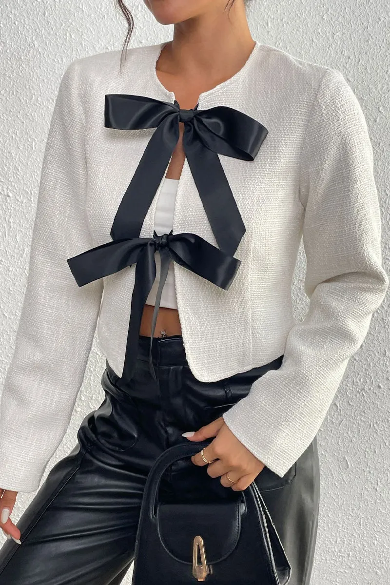 Casual Daily Solid Color Lace Up Contrast O Neck Outerwear