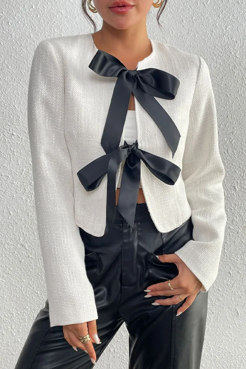 Casual Daily Solid Color Lace Up Contrast O Neck Outerwear