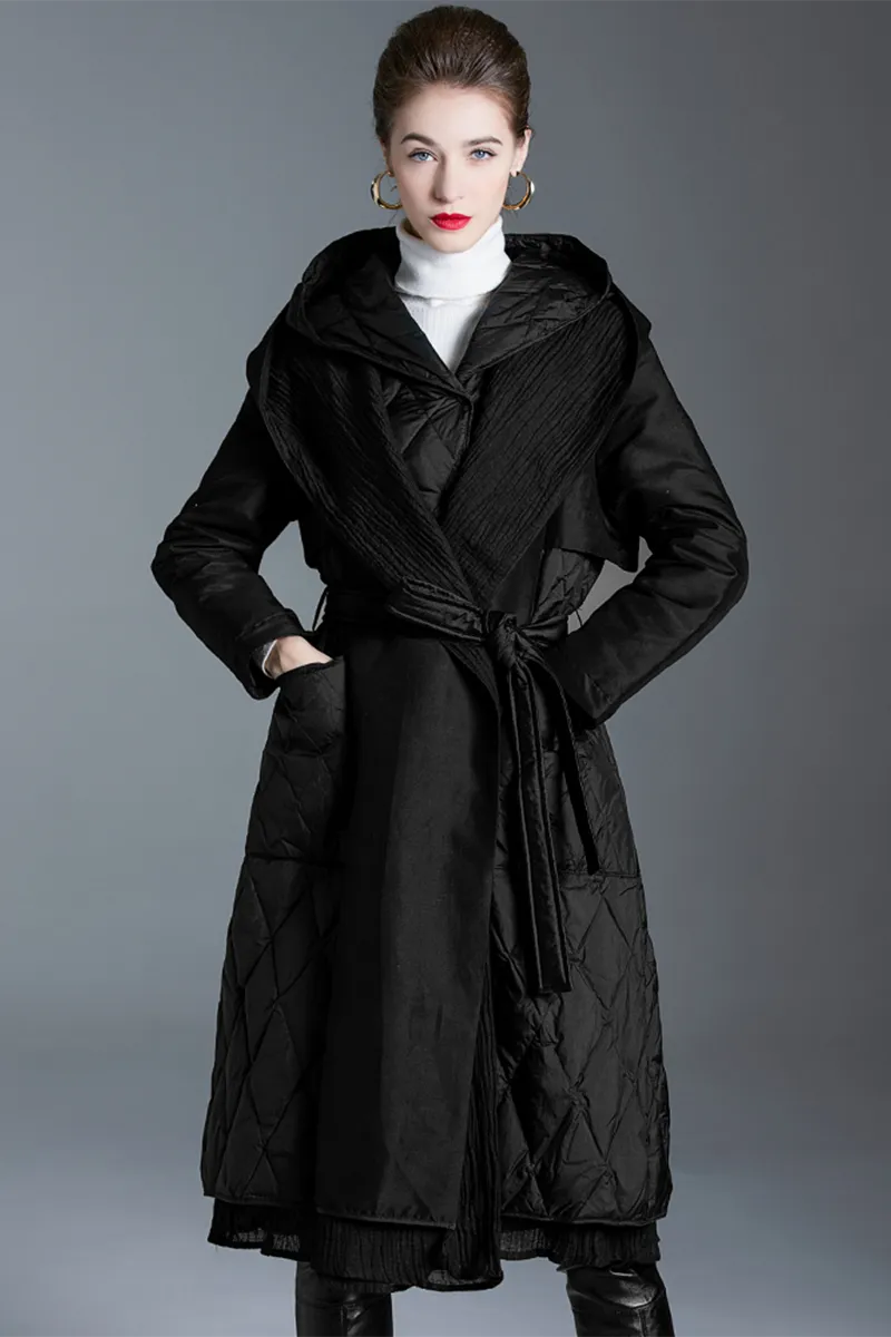 Casual Pocket Lace Up White duck down Hooded Outerwear(Down content 86%~90%)