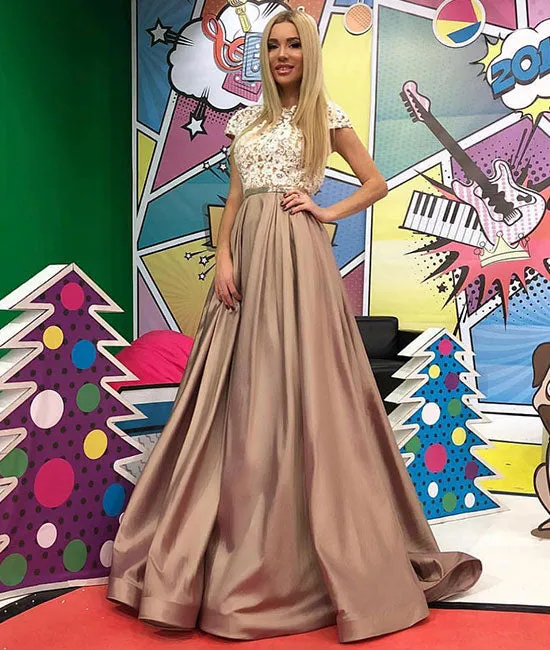 Champagne lace satin long prom dress, champagne evening dress