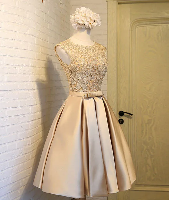 Champagne lace short prom dress, cute homecoming dress